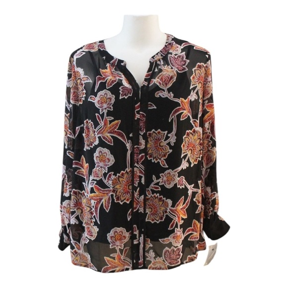 Liz Claiborne Signature Women Floral Sheer V-Neck Long Sleeve Sheer Blouse - Picture 1 of 13